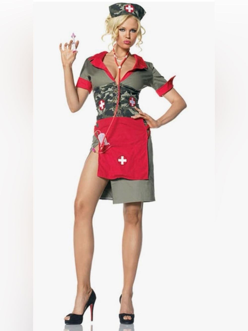 Leg Avenue Army Nurse Costume Dress with Red Trim Small EUC